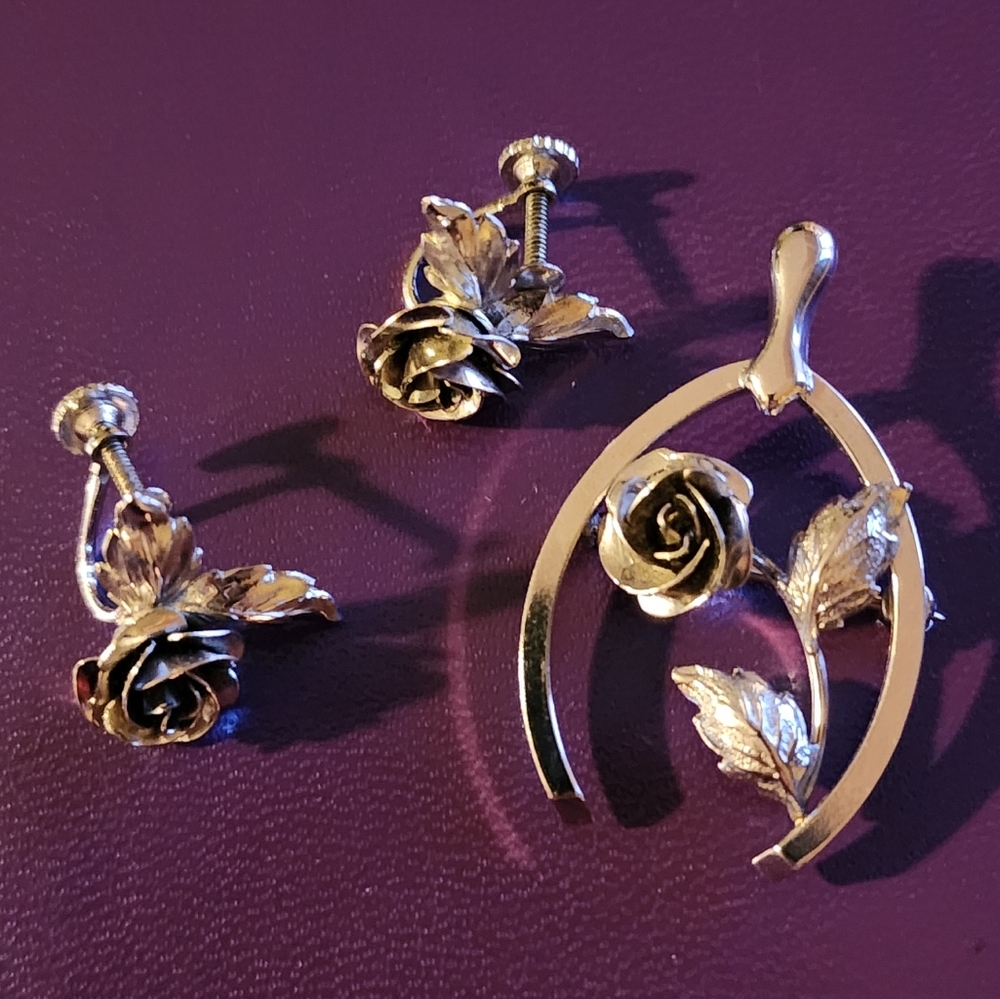 Vintage Wishbone and Rose Brooch with matching screwback earrings